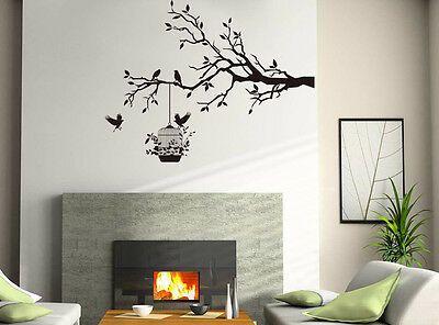 Tree Branch with Bird Cage Wall Art Sticker, Vinyl Home Decor
