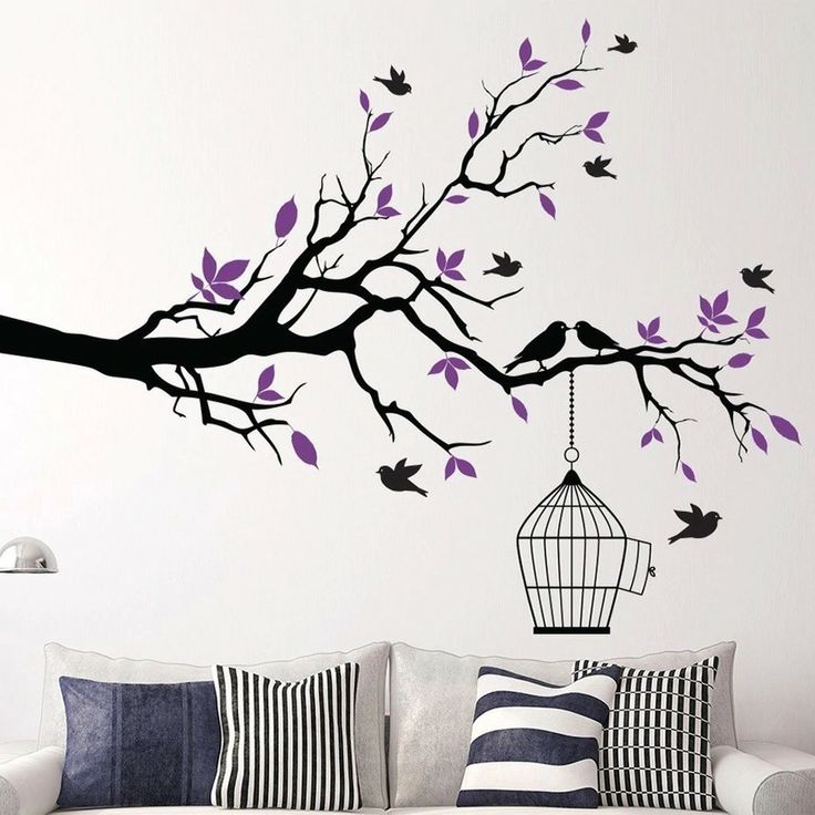 Tree Branch with Bird Cage Wall Art Sticker, Vinyl Home Decor